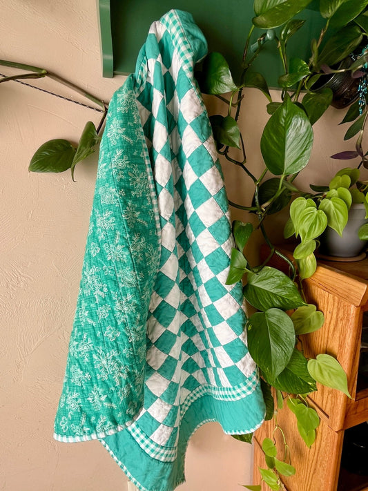 Green Gingham Floral Checkered Baby Quilt - The QuilTea Corner