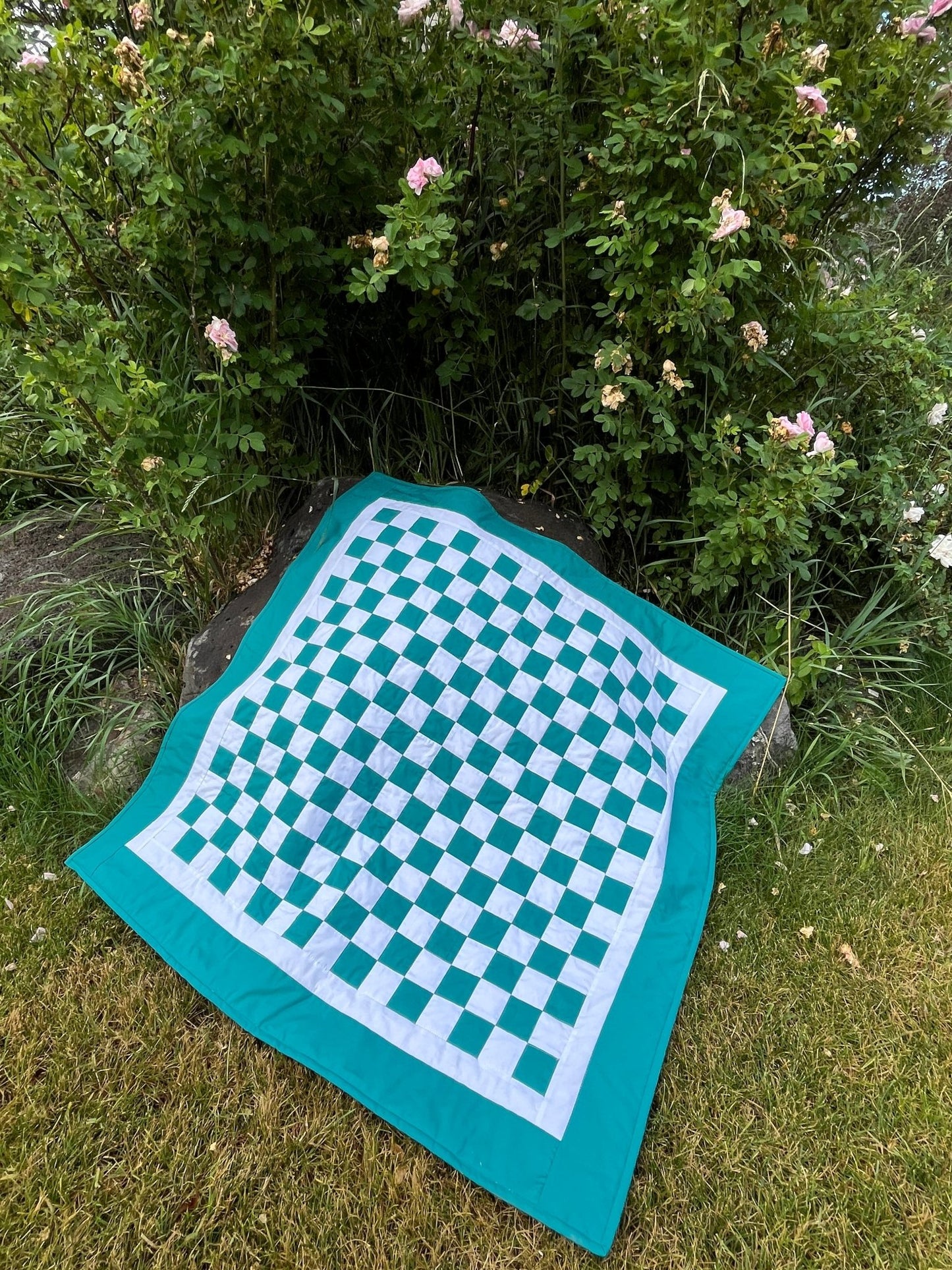 Green Teal Checkered Baby Quilt – Handmade Checkerboard Crib Blanket - The QuilTea Corner
