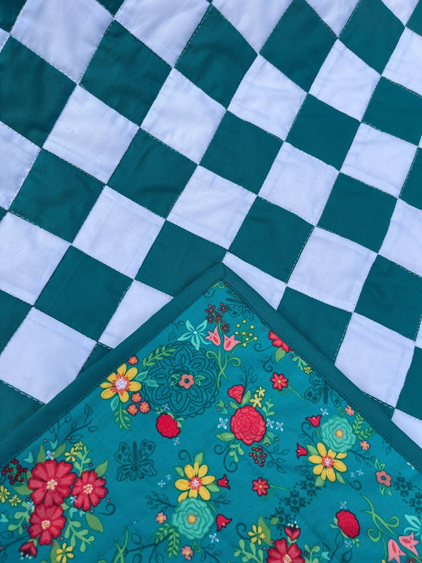 Green Teal Checkered Baby Quilt – Handmade Checkerboard Crib Blanket - The QuilTea Corner