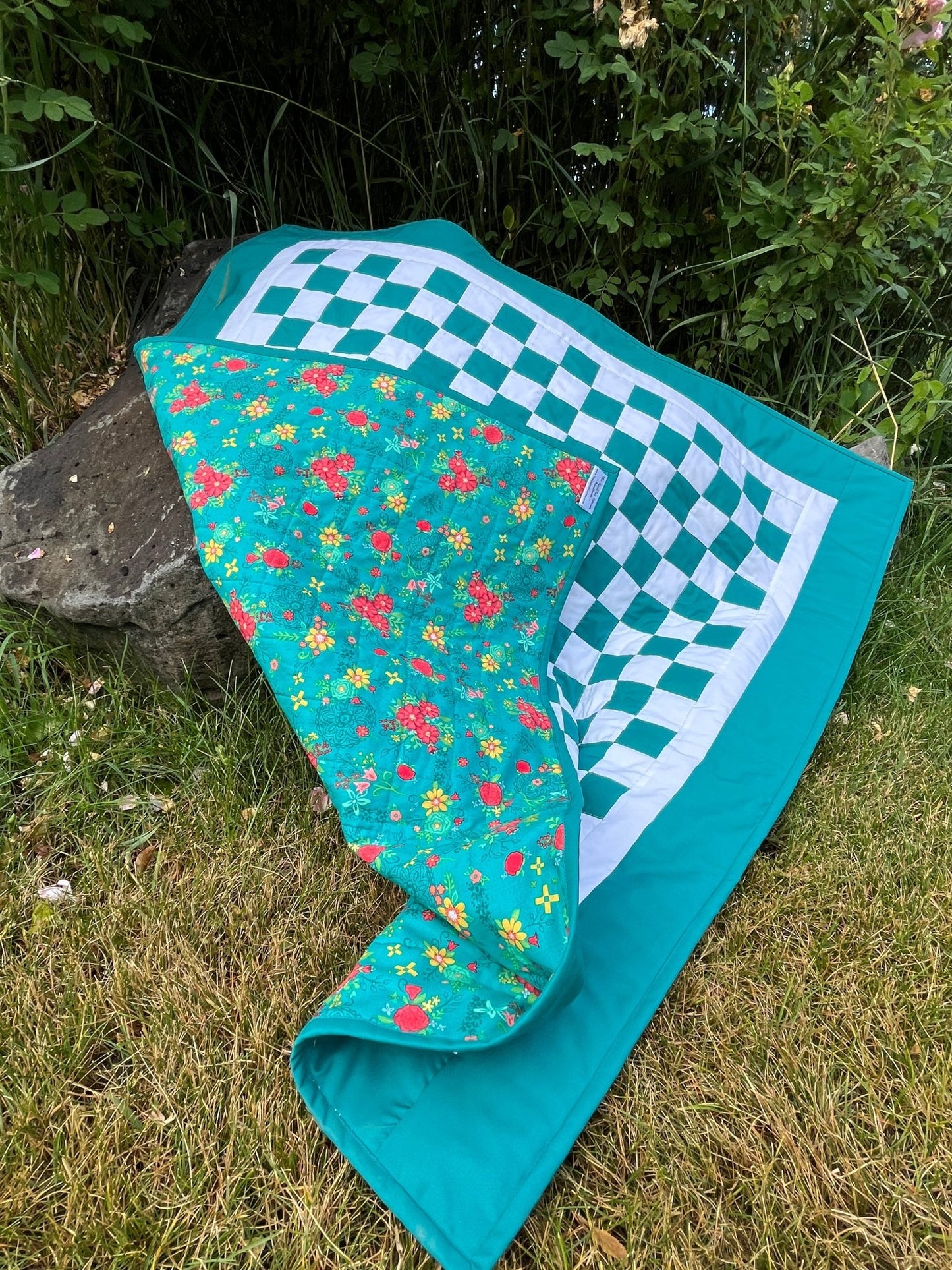 Green Teal Checkered Baby Quilt – Handmade Checkerboard Crib Blanket - The QuilTea Corner
