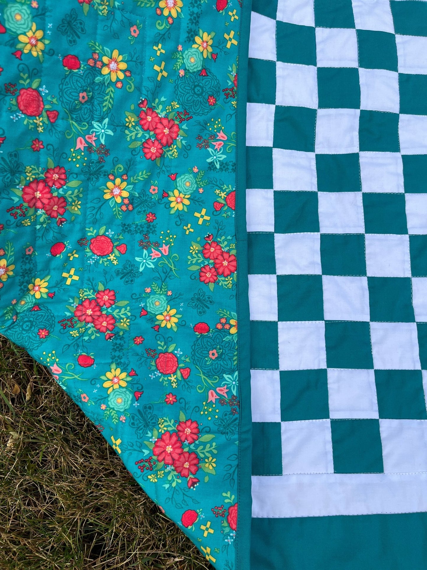 Green Teal Checkered Baby Quilt – Handmade Checkerboard Crib Blanket - The QuilTea Corner