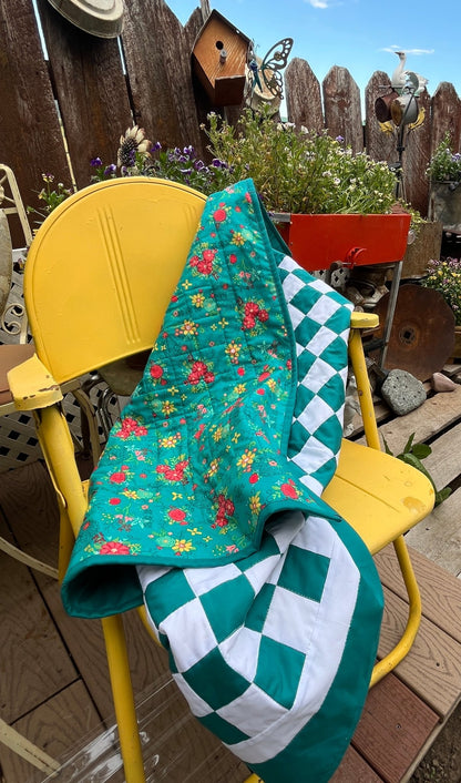 Green Teal Checkered Baby Quilt – Handmade Checkerboard Crib Blanket - The QuilTea Corner