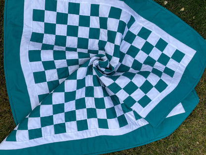 Green Teal Checkered Baby Quilt – Handmade Checkerboard Crib Blanket - The QuilTea Corner