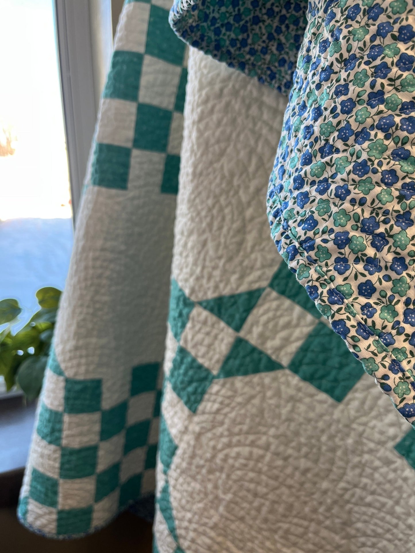 Handmade Cottage Blue & White Quilt - Modern Double Irish Chain Throw - The QuilTea Corner