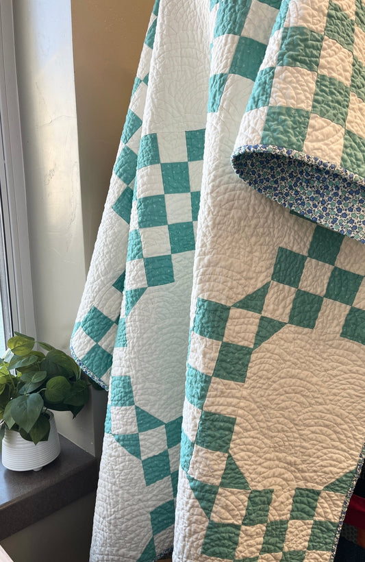 Handmade Cottage Blue & White Quilt - Modern Double Irish Chain Throw - The QuilTea Corner