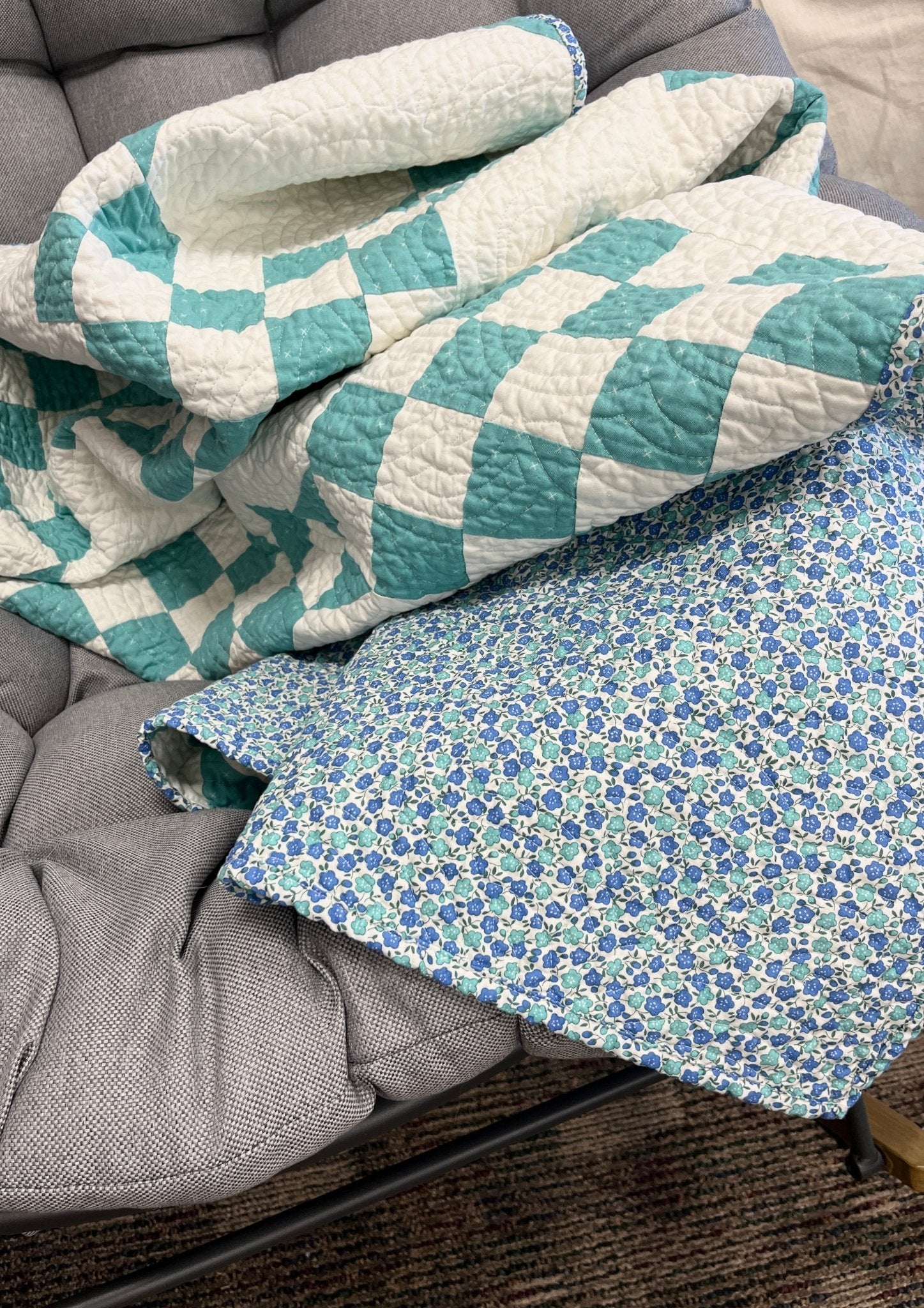 Handmade Cottage Blue & White Quilt - Modern Double Irish Chain Throw - The QuilTea Corner