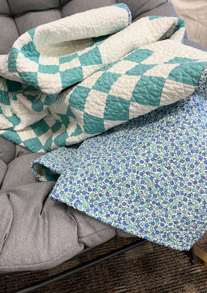 Handmade Cottage Blue & White Quilt - Modern Double Irish Chain Throw - The QuilTea Corner