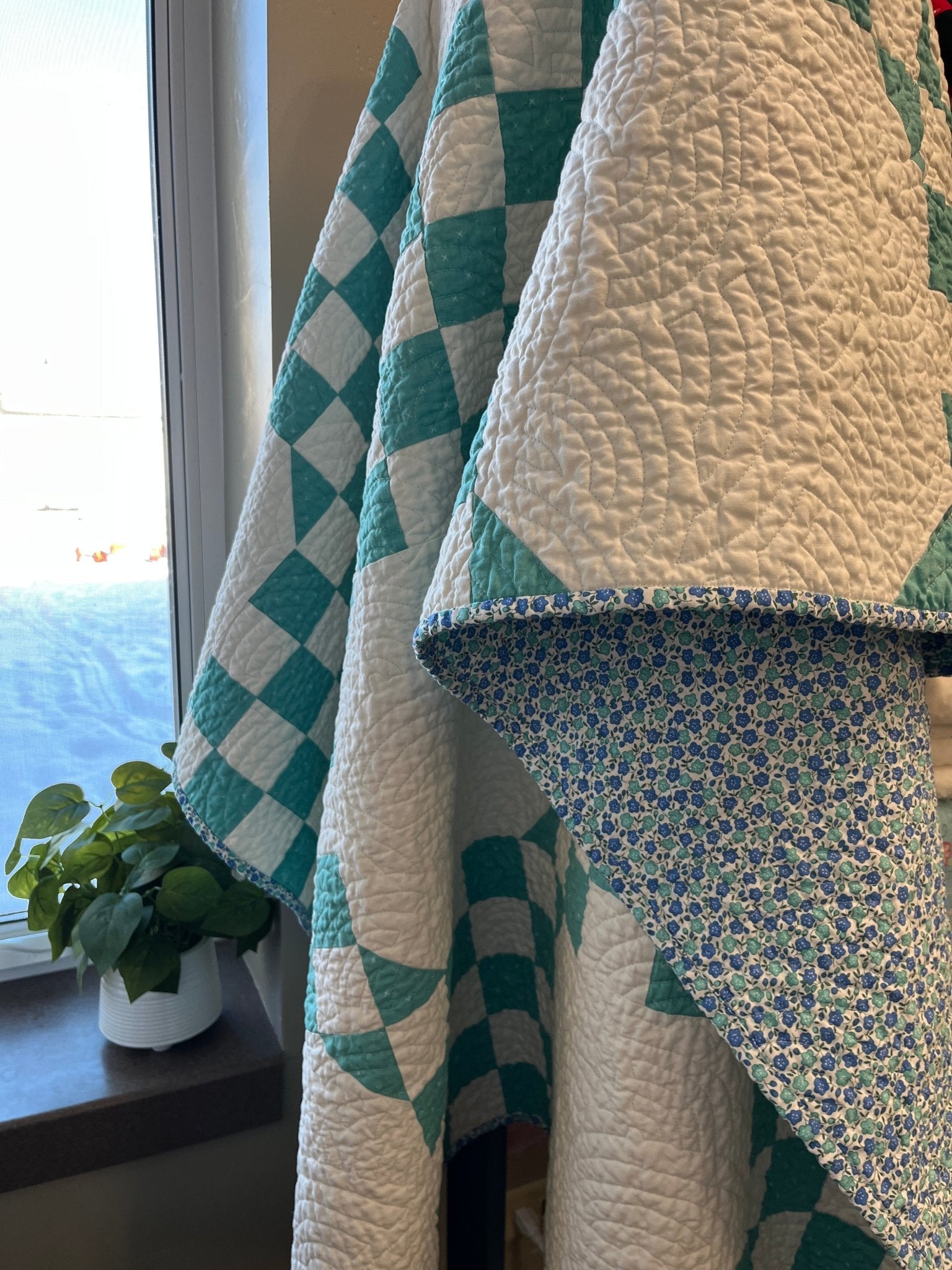 Handmade Cottage Blue & White Quilt - Modern Double Irish Chain Throw - The QuilTea Corner