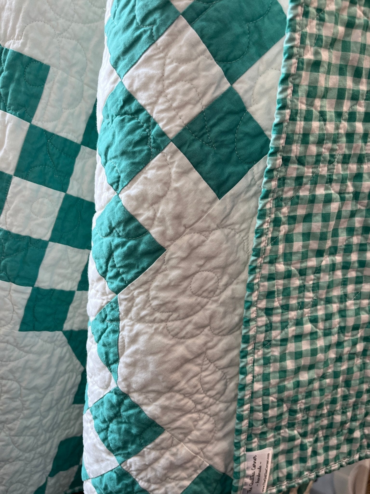 Handmade Green & White Quilt - Modern Double Irish Chain Throw - The QuilTea Corner