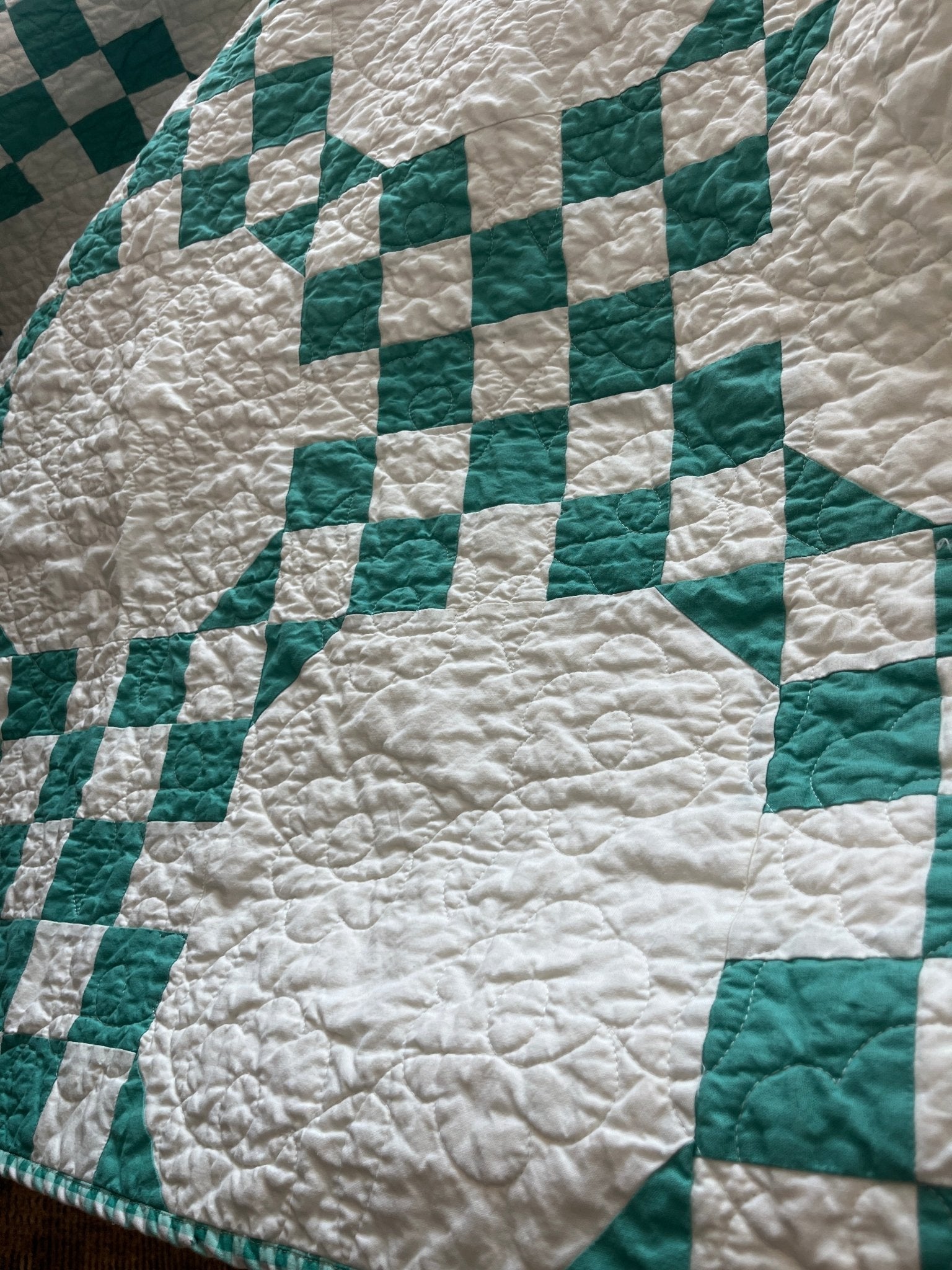 Handmade Green & White Quilt - Modern Double Irish Chain Throw - The QuilTea Corner