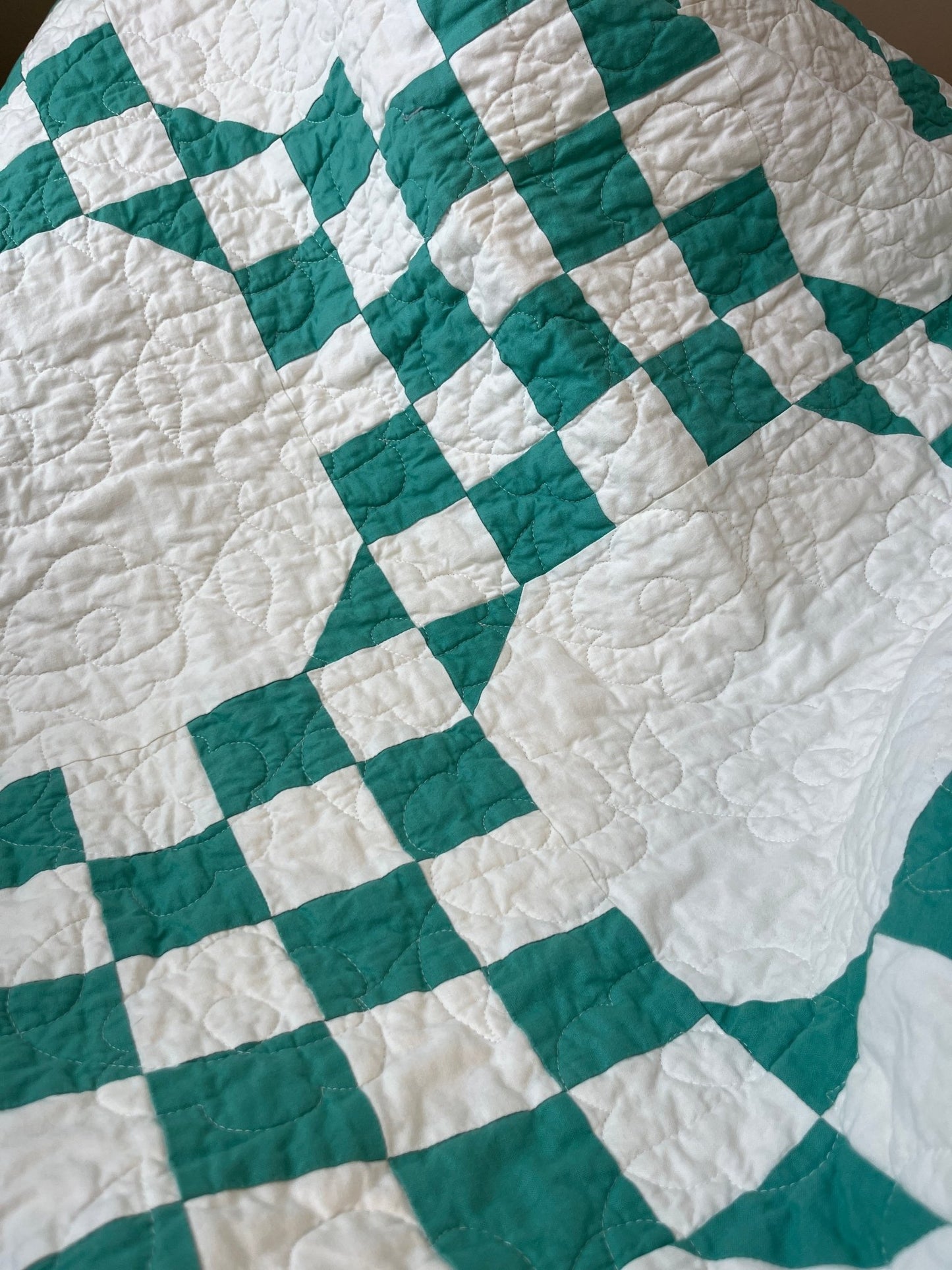 Handmade Green & White Quilt - Modern Double Irish Chain Throw - The QuilTea Corner