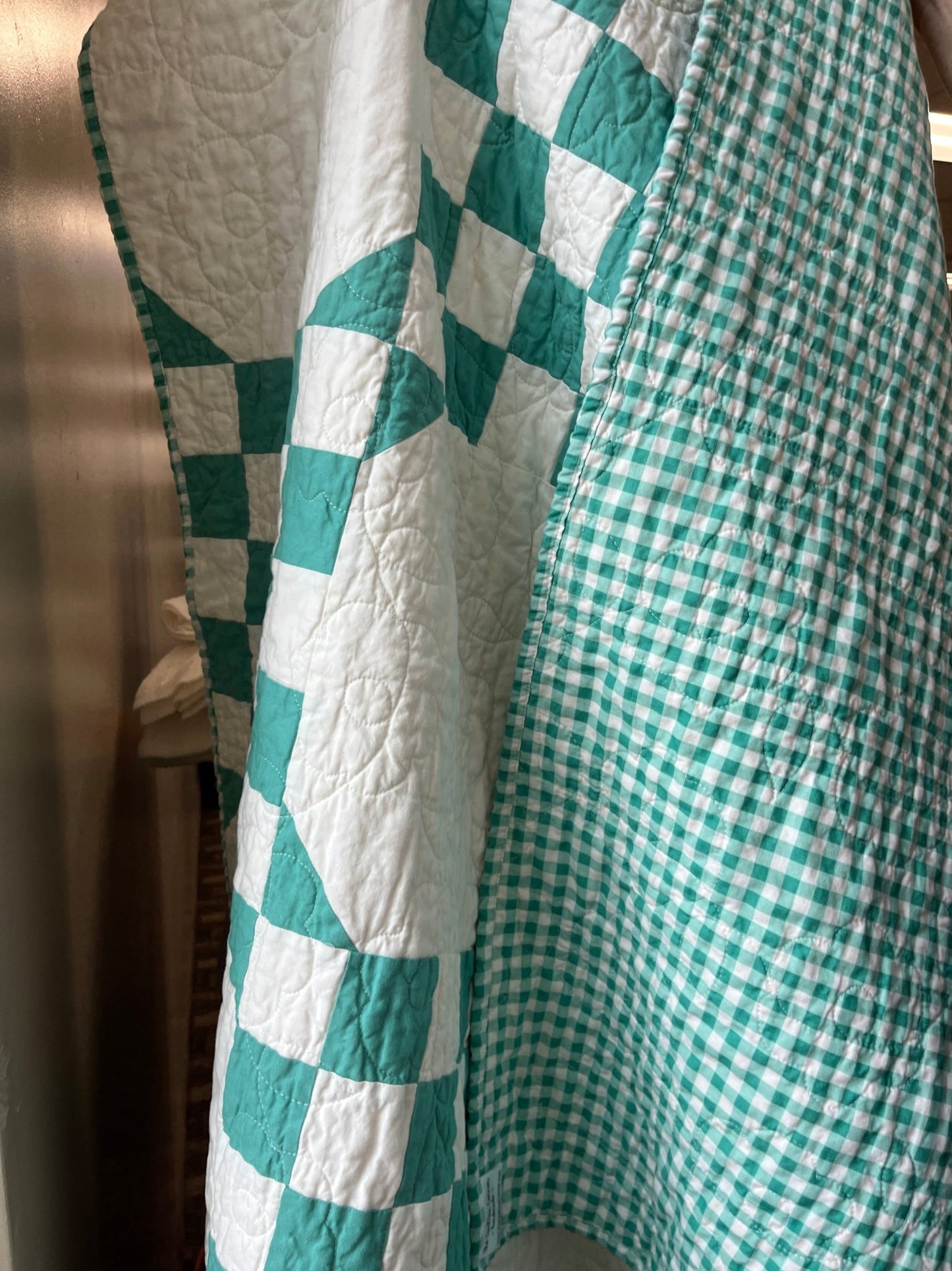 Handmade Green & White Quilt - Modern Double Irish Chain Throw - The QuilTea Corner