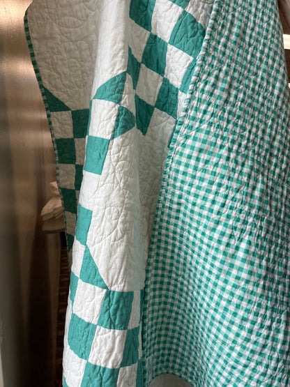 Handmade Green & White Quilt - Modern Double Irish Chain Throw - The QuilTea Corner