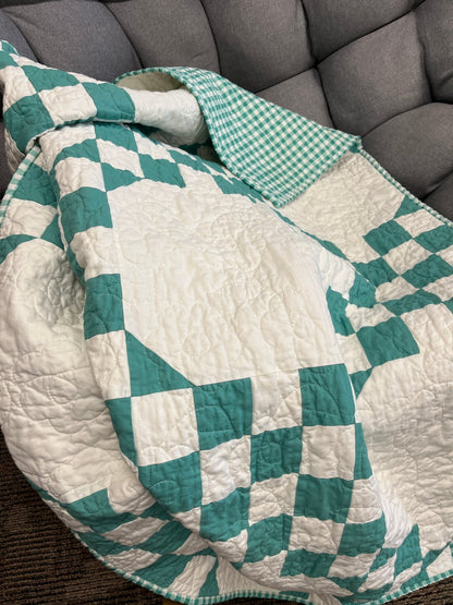 Handmade Green & White Quilt - Modern Double Irish Chain Throw - The QuilTea Corner
