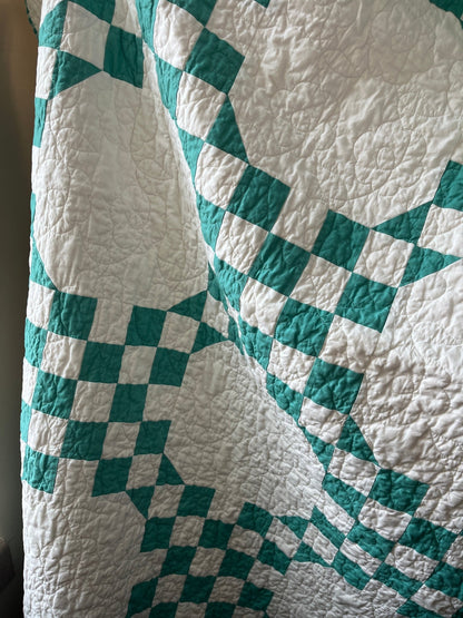 Handmade Green & White Quilt - Modern Double Irish Chain Throw - The QuilTea Corner