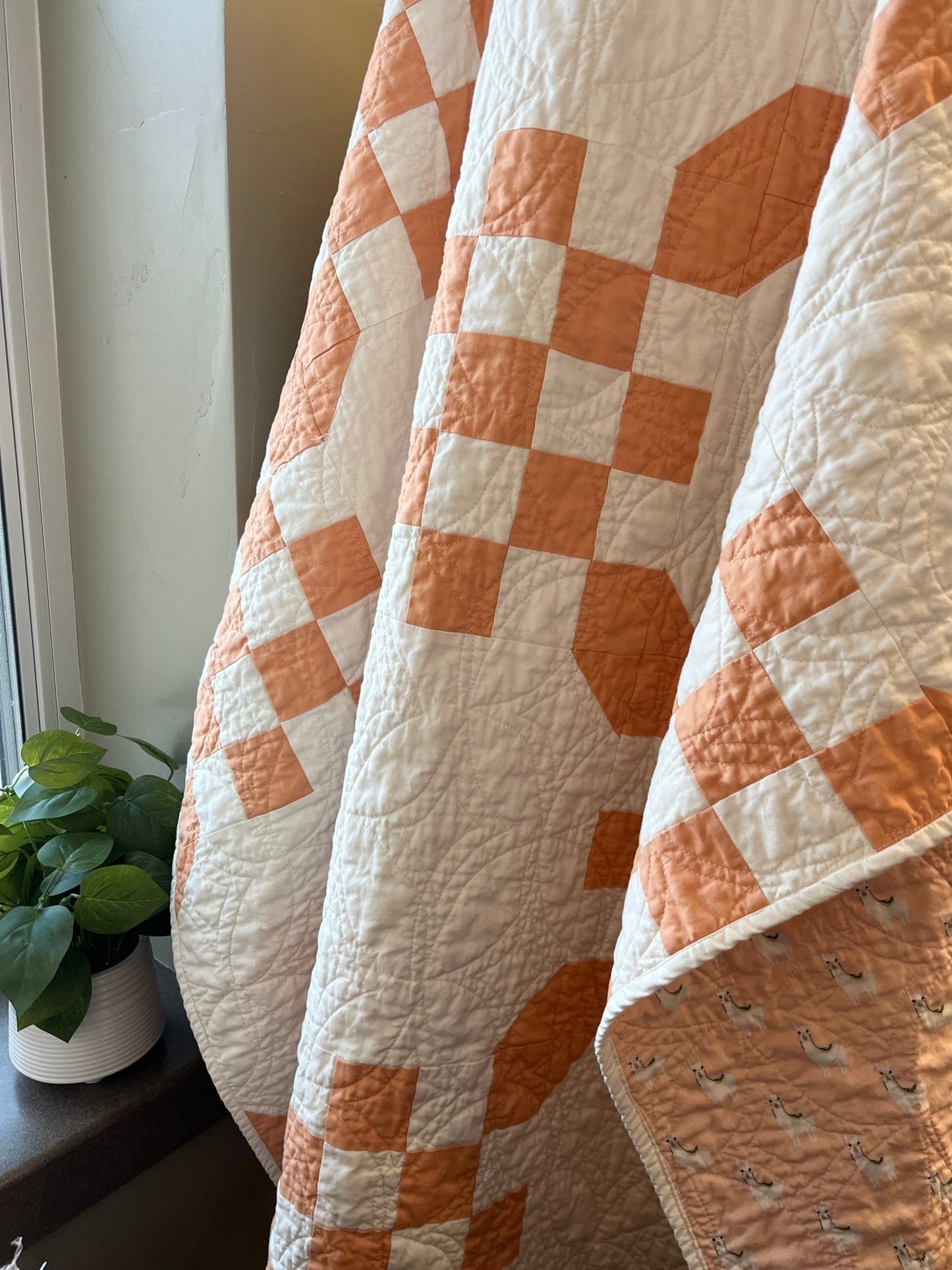 Handmade Orange & White Quilt - Modern Double Irish Chain Throw - The QuilTea Corner