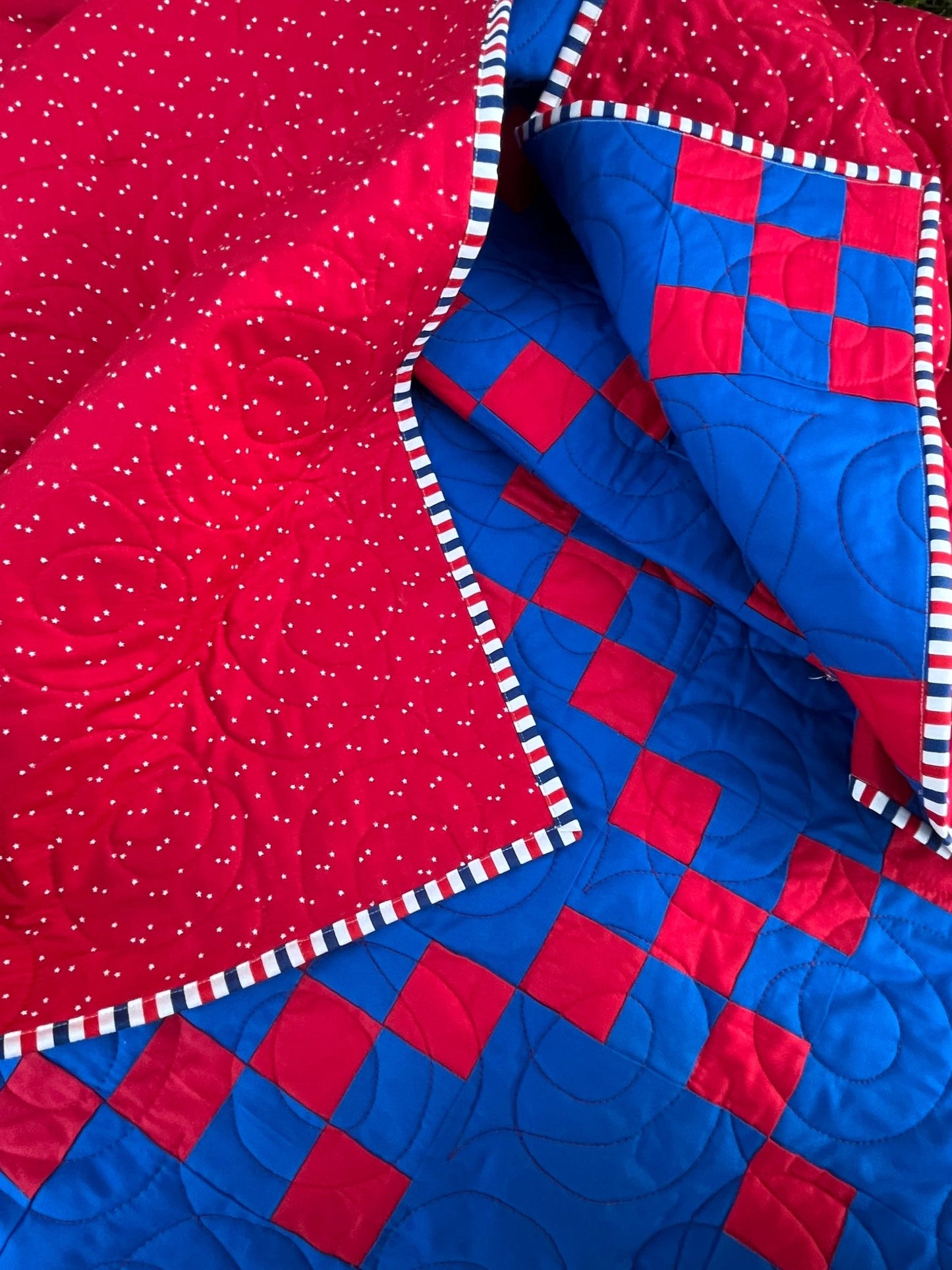 Irish Chain Quilt – Red and Blue Americana Throw Quilt – Handmade Patriotic Quilt – Farmhouse Patchwork Quilt - The QuilTea Corner