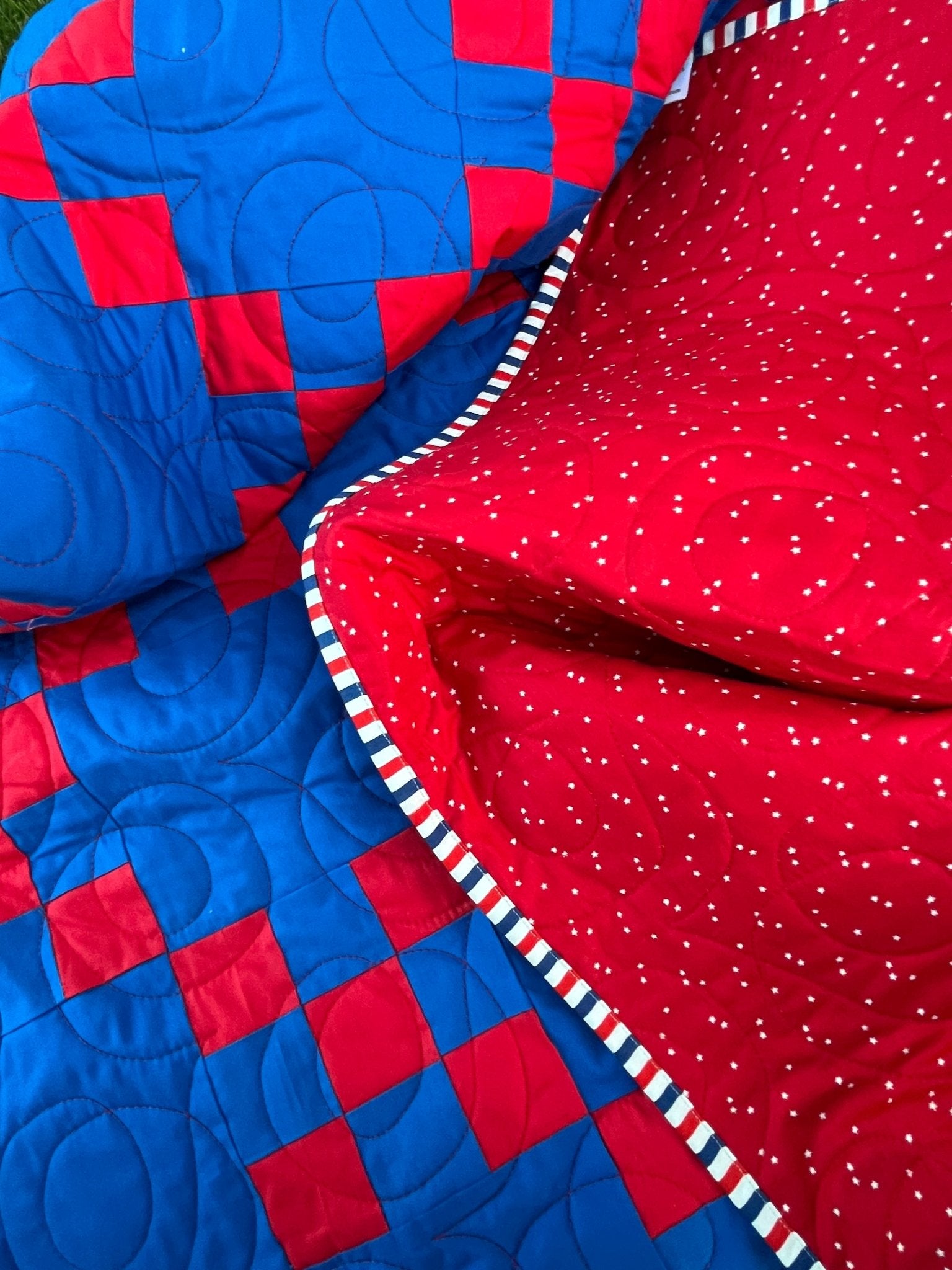 Irish Chain Quilt – Red and Blue Americana Throw Quilt – Handmade Patriotic Quilt – Farmhouse Patchwork Quilt - The QuilTea Corner