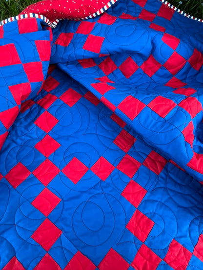 Irish Chain Quilt – Red and Blue Americana Throw Quilt – Handmade Patriotic Quilt – Farmhouse Patchwork Quilt - The QuilTea Corner