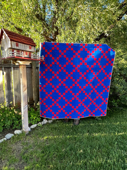 Irish Chain Quilt – Red and Blue Americana Throw Quilt – Handmade Patriotic Quilt – Farmhouse Patchwork Quilt - The QuilTea Corner