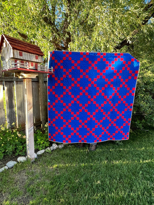 Irish Chain Quilt – Red and Blue Americana Throw Quilt – Handmade Patriotic Quilt – Farmhouse Patchwork Quilt - The QuilTea Corner