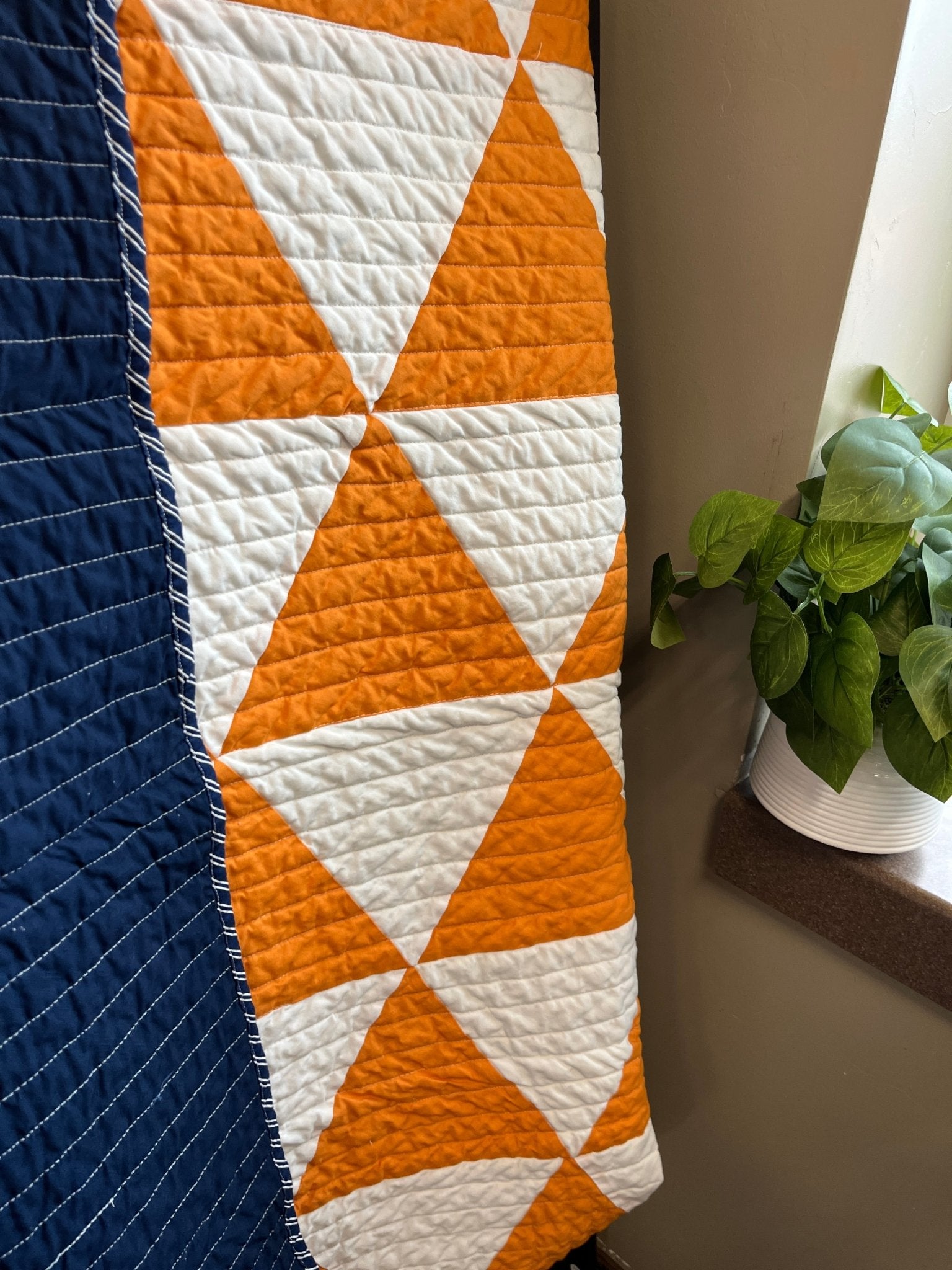 Modern Triangle Baby Quilt – Orange, White, and Navy - The QuilTea Corner