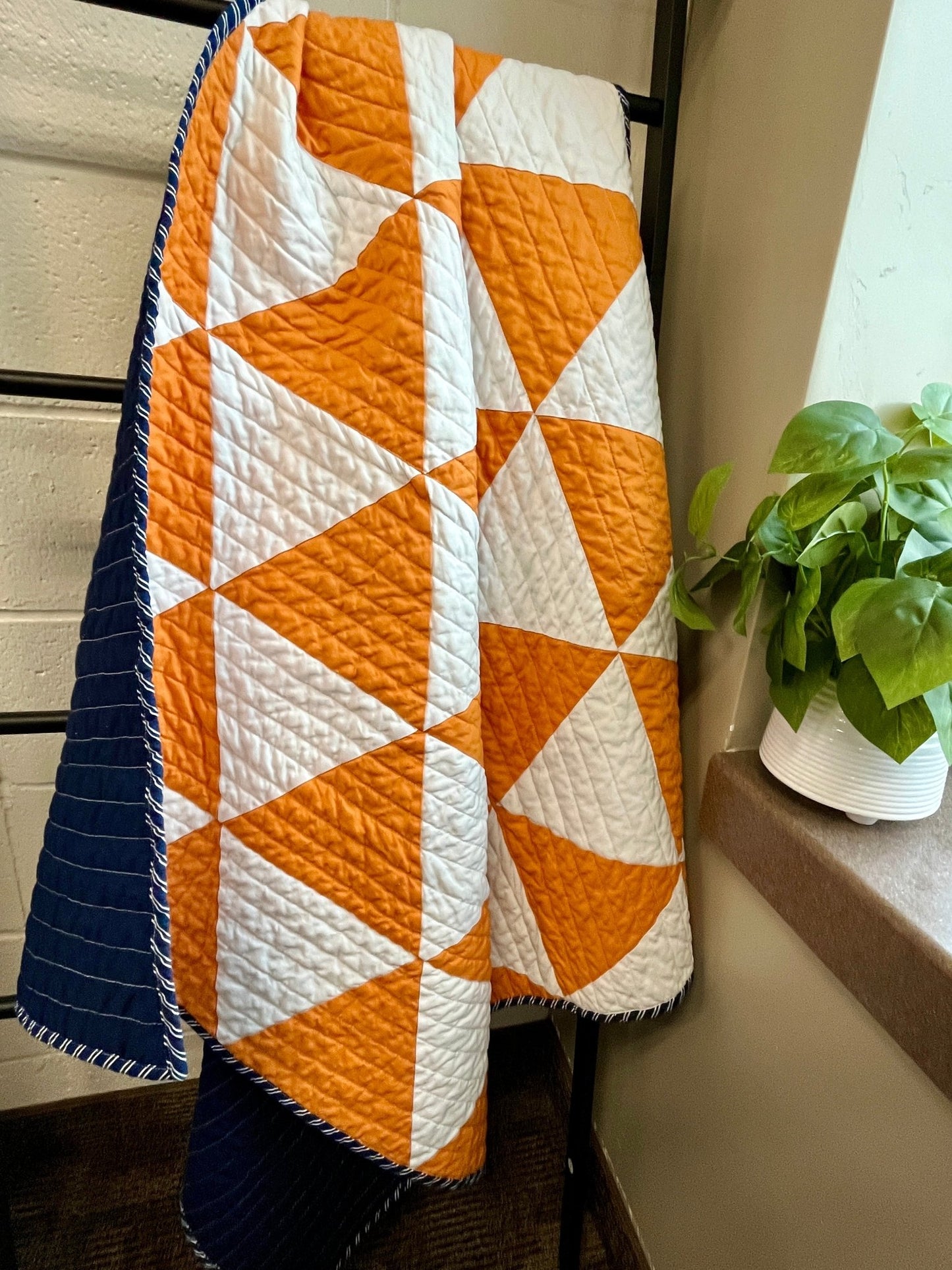 Modern Triangle Baby Quilt – Orange, White, and Navy - The QuilTea Corner