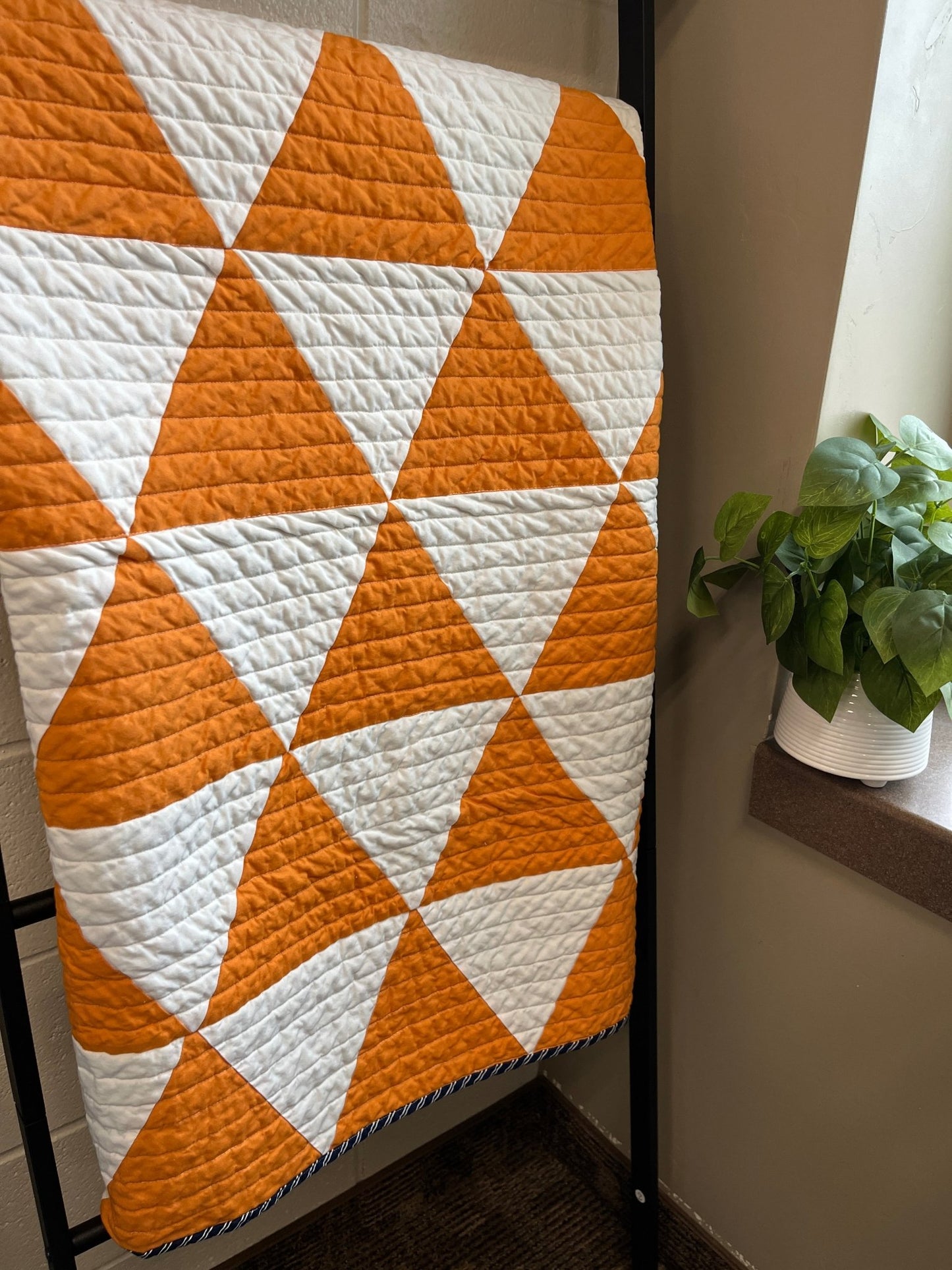 Modern Triangle Baby Quilt – Orange, White, and Navy - The QuilTea Corner