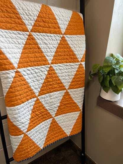 Modern Triangle Baby Quilt – Orange, White, and Navy - The QuilTea Corner