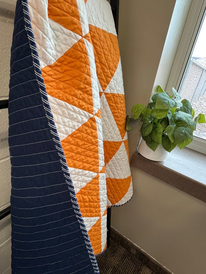 Modern Triangle Baby Quilt – Orange, White, and Navy - The QuilTea Corner