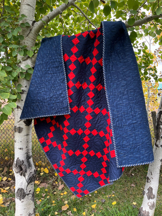 Navy and Red Handmade Irish Chain Quilt - The QuilTea Corner