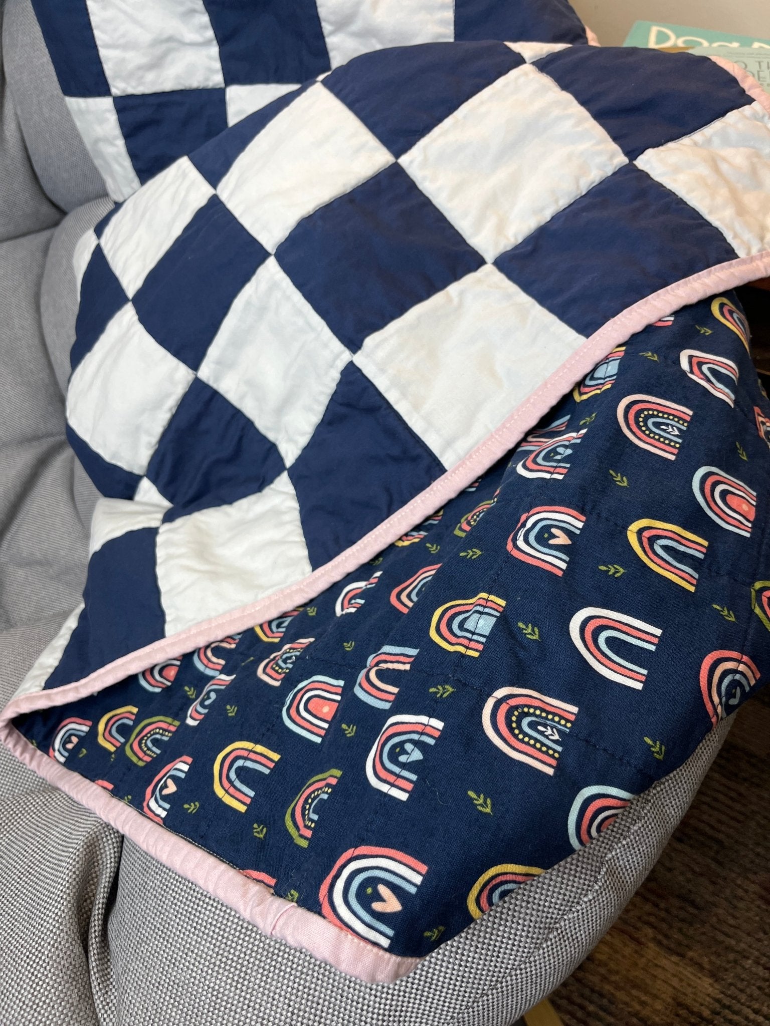 Navy White Checkered Modern Baby Crib Quilt with Boho Rainbow Fabric Backing - The QuilTea Corner