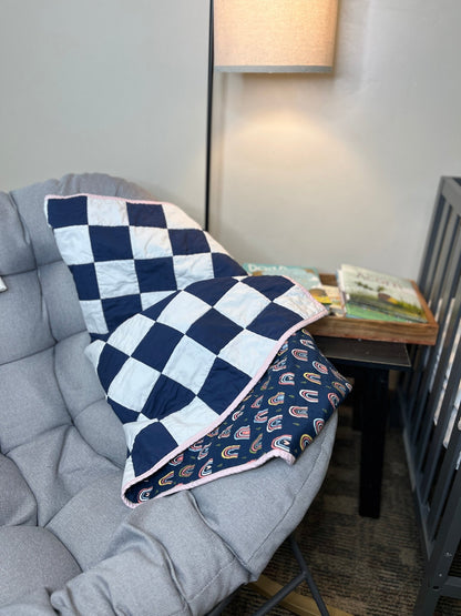 Navy White Checkered Modern Baby Crib Quilt with Boho Rainbow Fabric Backing - The QuilTea Corner