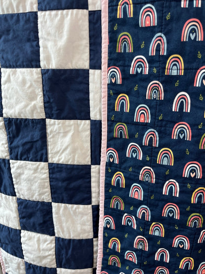 Navy White Checkered Modern Baby Crib Quilt with Boho Rainbow Fabric Backing - The QuilTea Corner