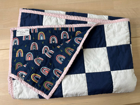 Navy White Checkered Modern Baby Crib Quilt with Boho Rainbow Fabric Backing - The QuilTea Corner