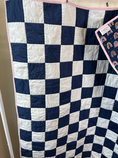 Navy White Checkered Modern Baby Crib Quilt with Boho Rainbow Fabric Backing - The QuilTea Corner