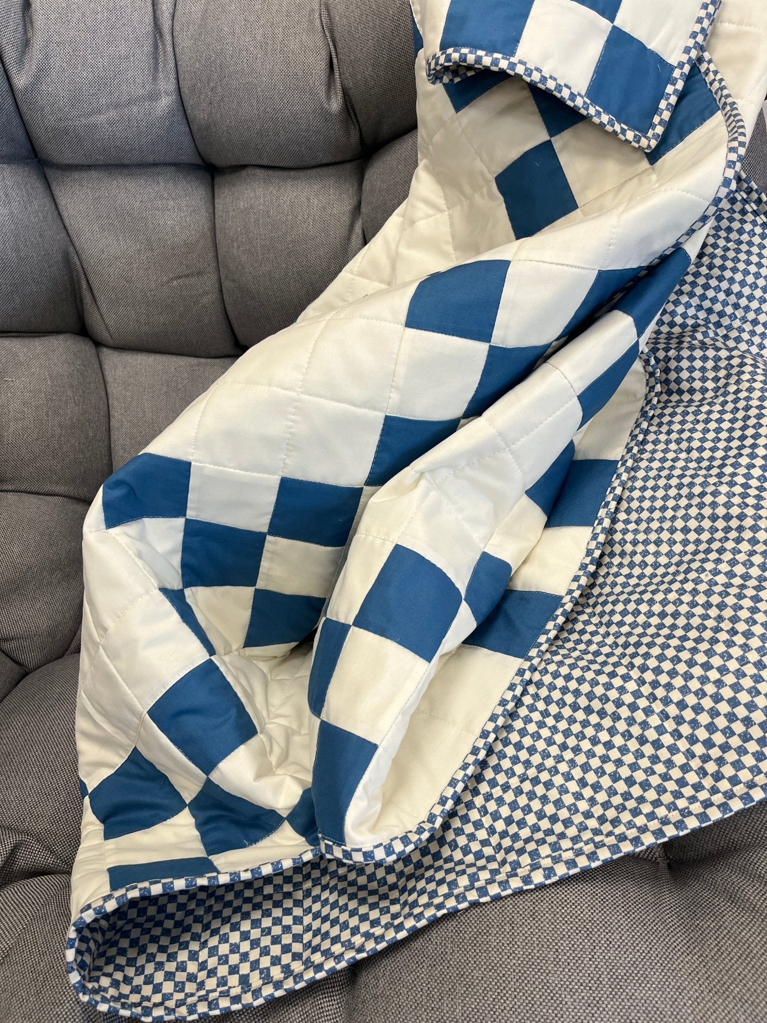 Nine Patch Checkered Irish Chain Blue White Baby Boy Crib Quilt Blanket - The QuilTea Corner