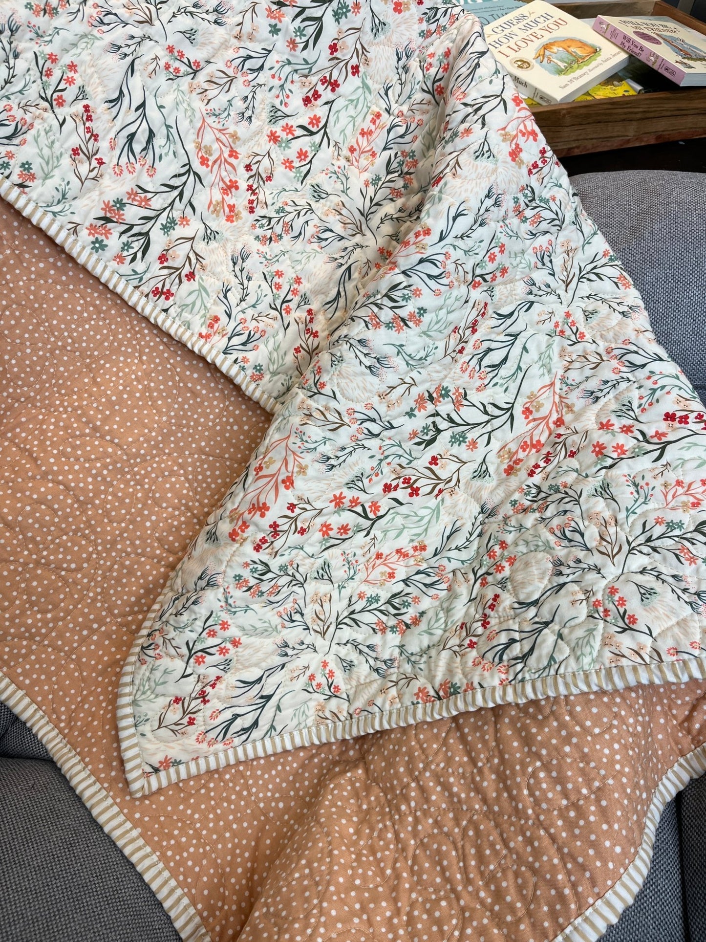 Peach Wildflower Baby Quilt & "Guess How Much I Love You" Book Bundle - The QuilTea Corner