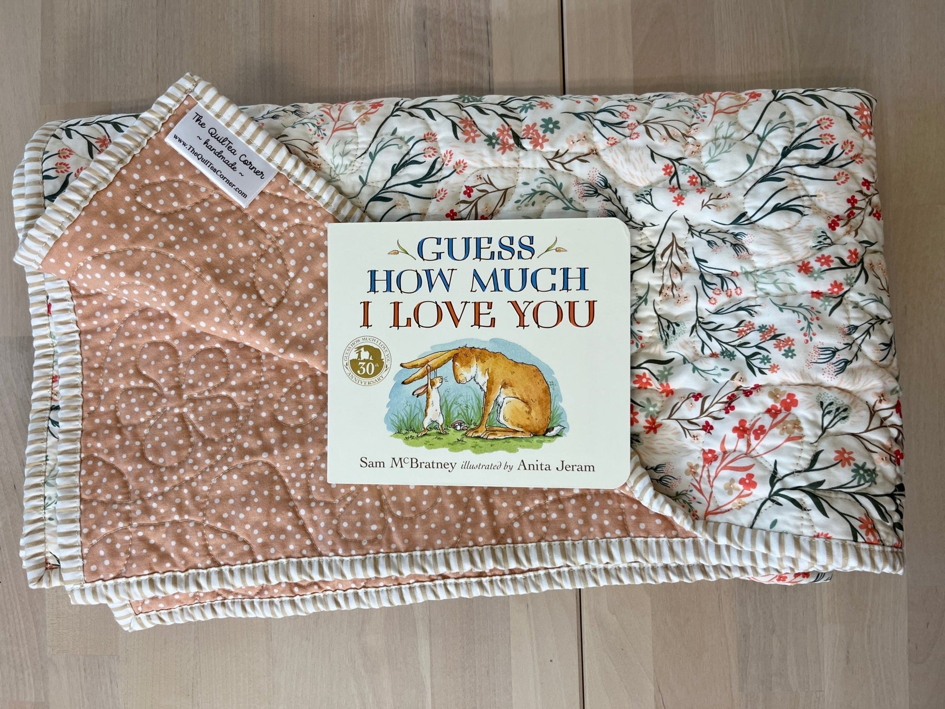 Peach Wildflower Baby Quilt & "Guess How Much I Love You" Book Bundle - The QuilTea Corner