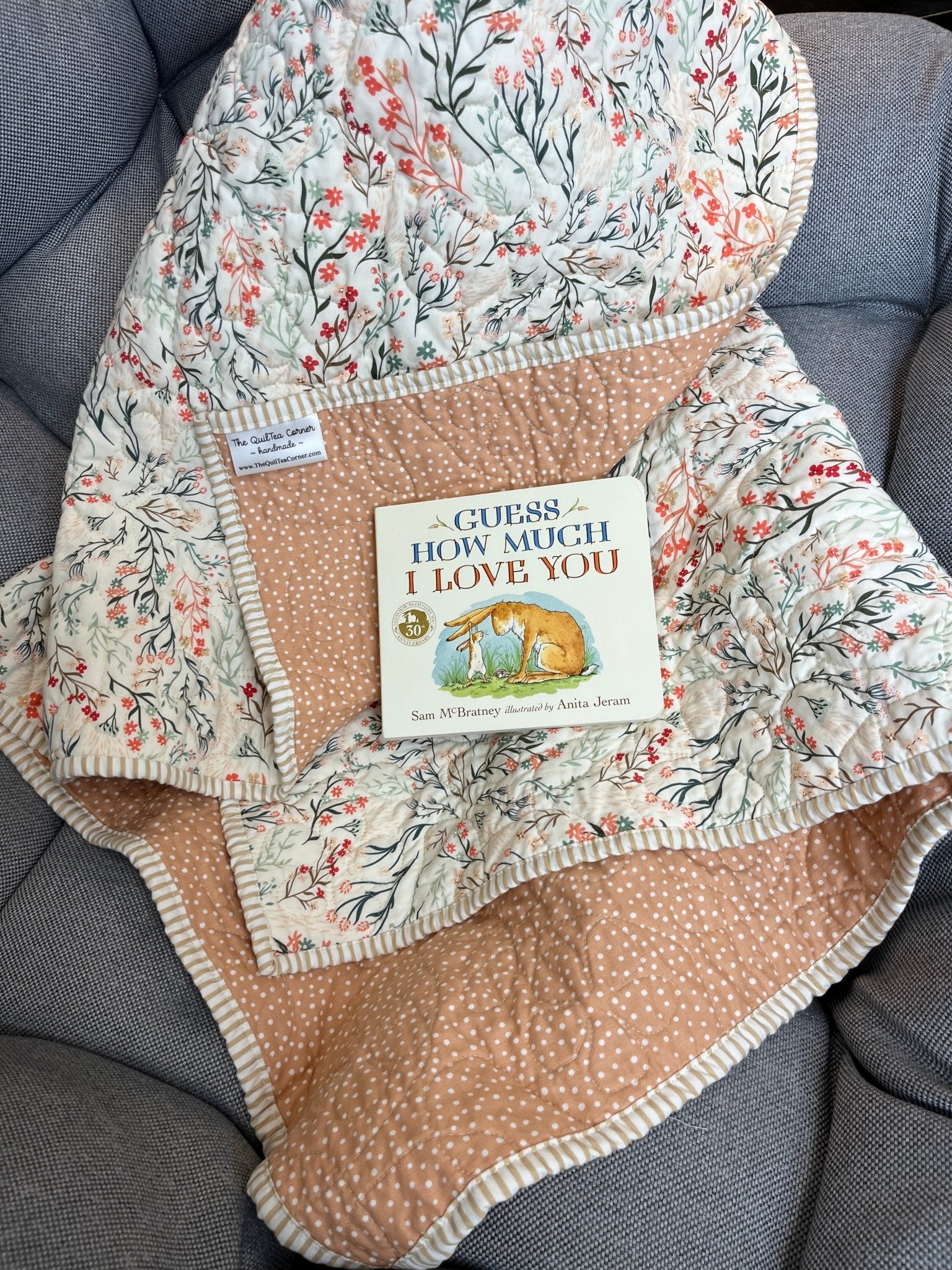 Peach Wildflower Baby Quilt & "Guess How Much I Love You" Book Bundle - The QuilTea Corner
