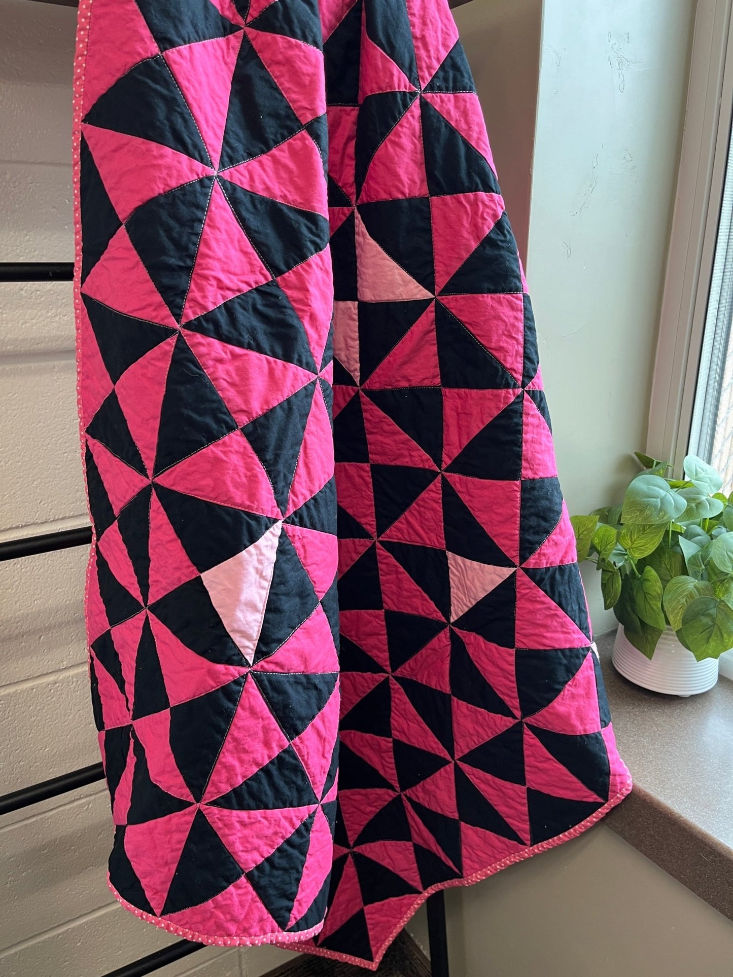 Pink and Black Time Flies Baby Quilt – Modern Triangle Patchwork - The QuilTea Corner