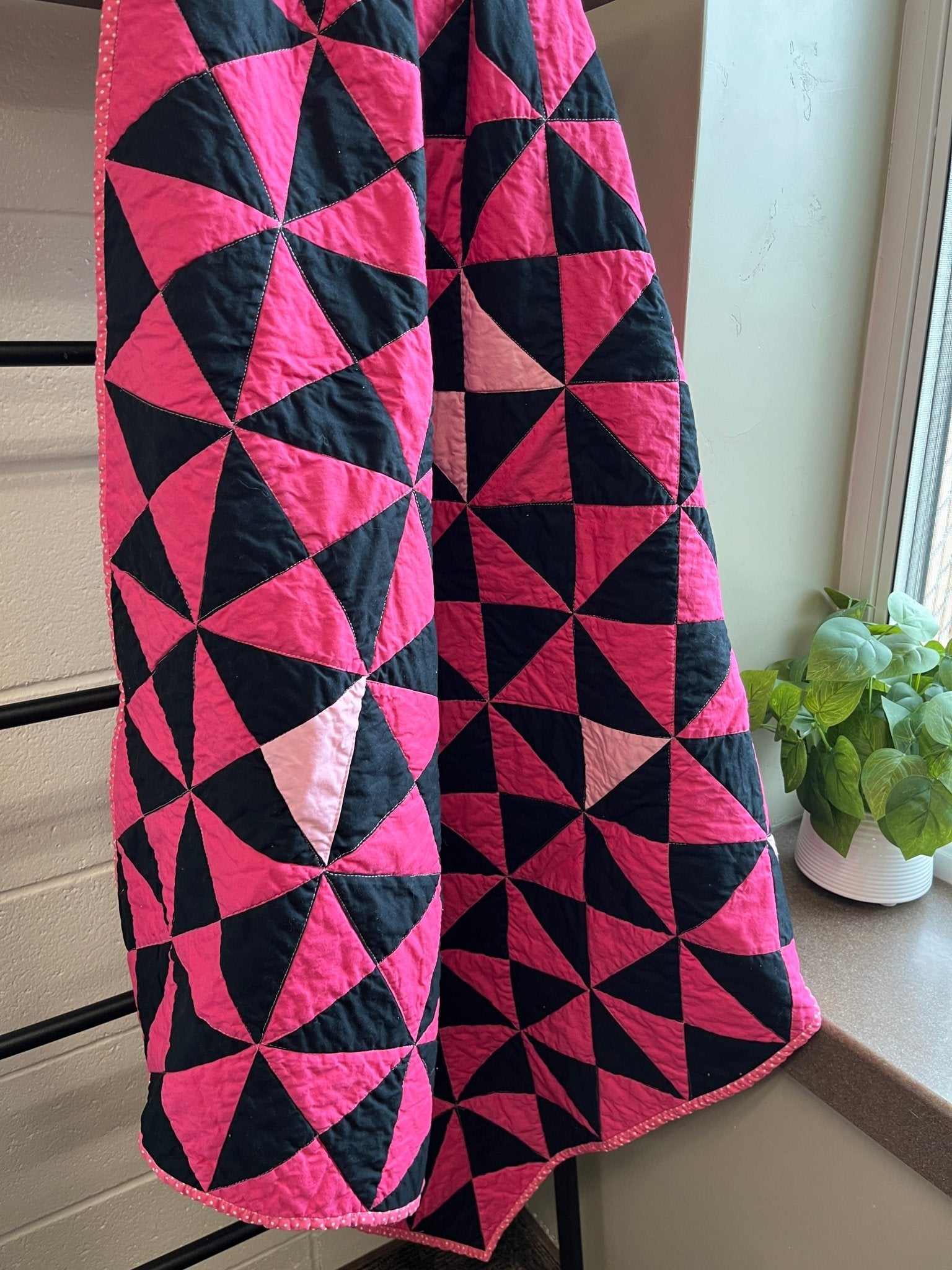 Pink and Black Time Flies Baby Quilt – Modern Triangle Patchwork - The QuilTea Corner