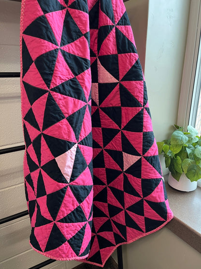 Pink and Black Time Flies Baby Quilt – Modern Triangle Patchwork - The QuilTea Corner