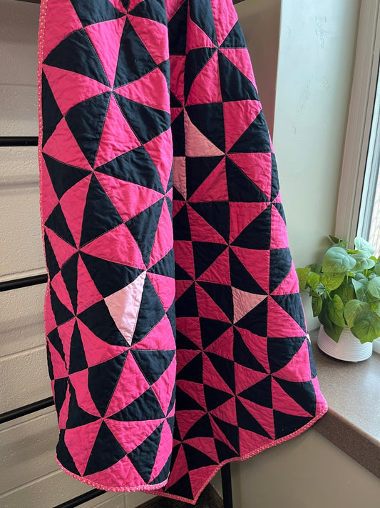 Pink and Black Time Flies Baby Quilt – Modern Triangle Patchwork - The QuilTea Corner
