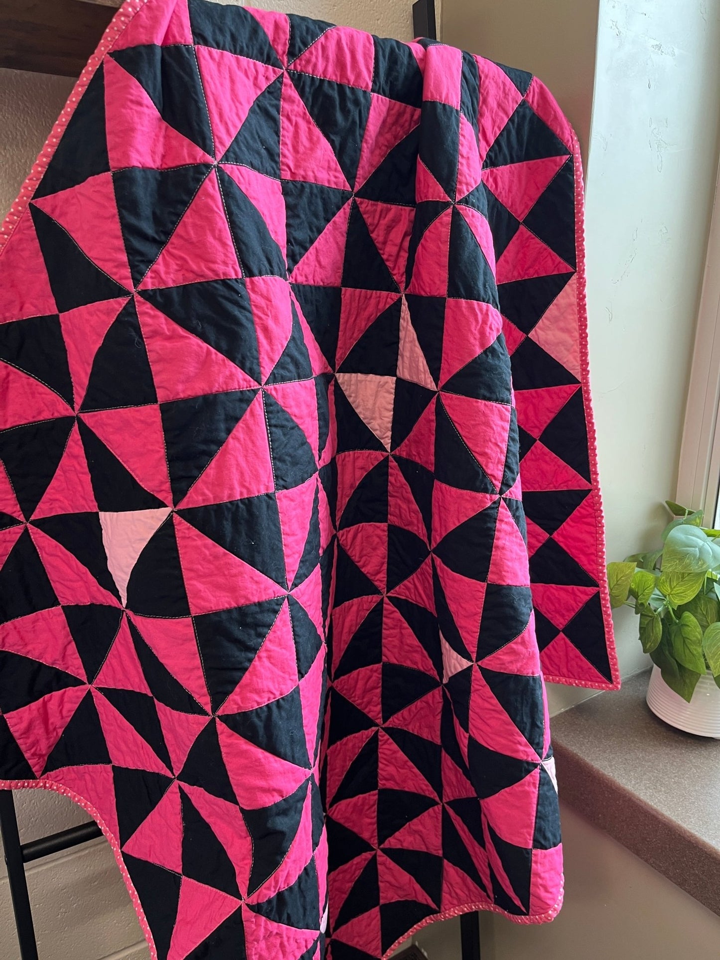 Pink and Black Time Flies Baby Quilt – Modern Triangle Patchwork - The QuilTea Corner