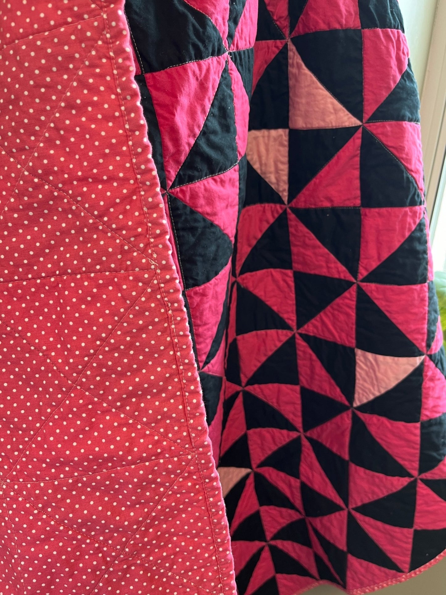 Pink and Black Time Flies Baby Quilt – Modern Triangle Patchwork - The QuilTea Corner