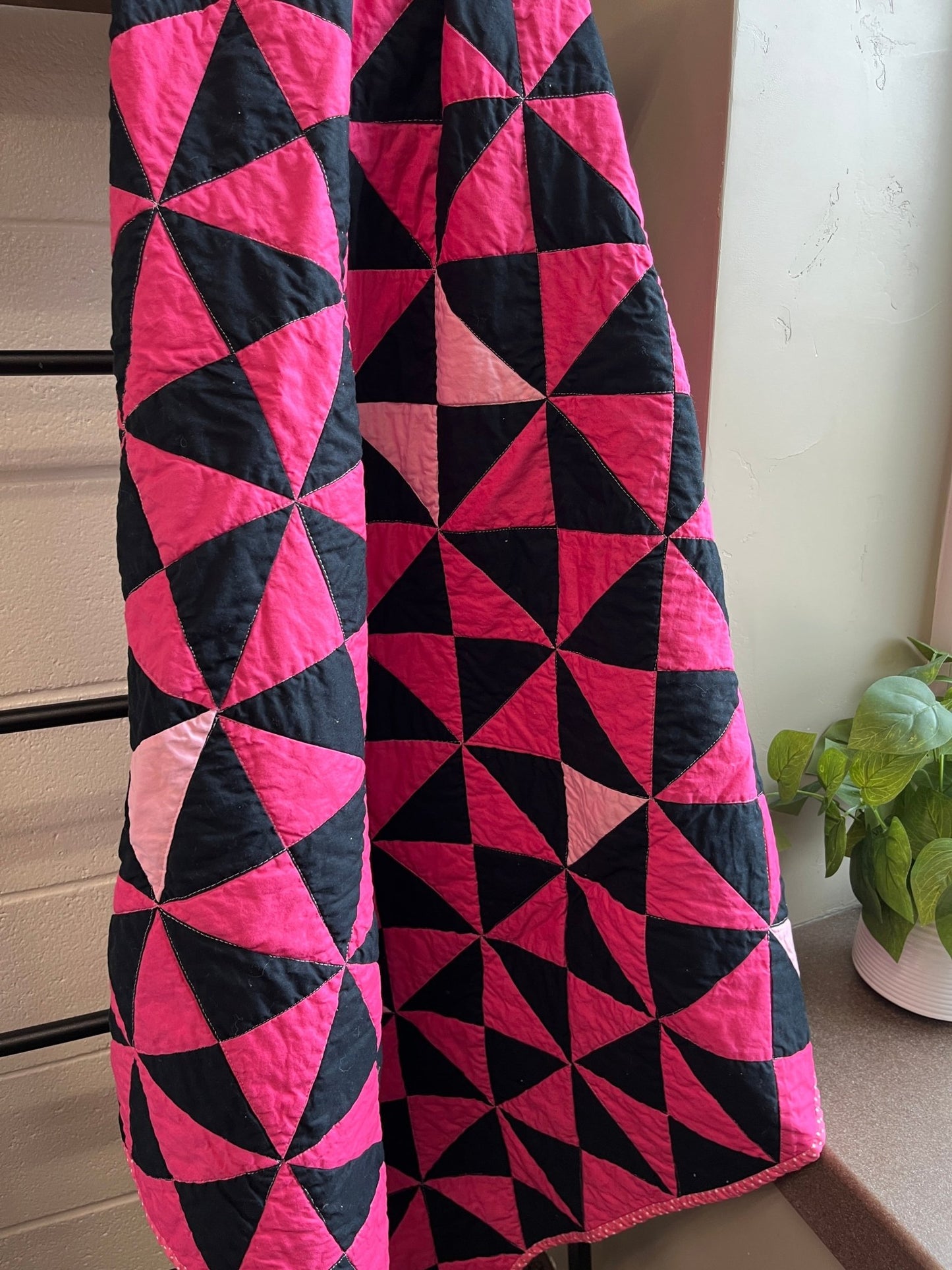 Pink and Black Time Flies Baby Quilt – Modern Triangle Patchwork - The QuilTea Corner
