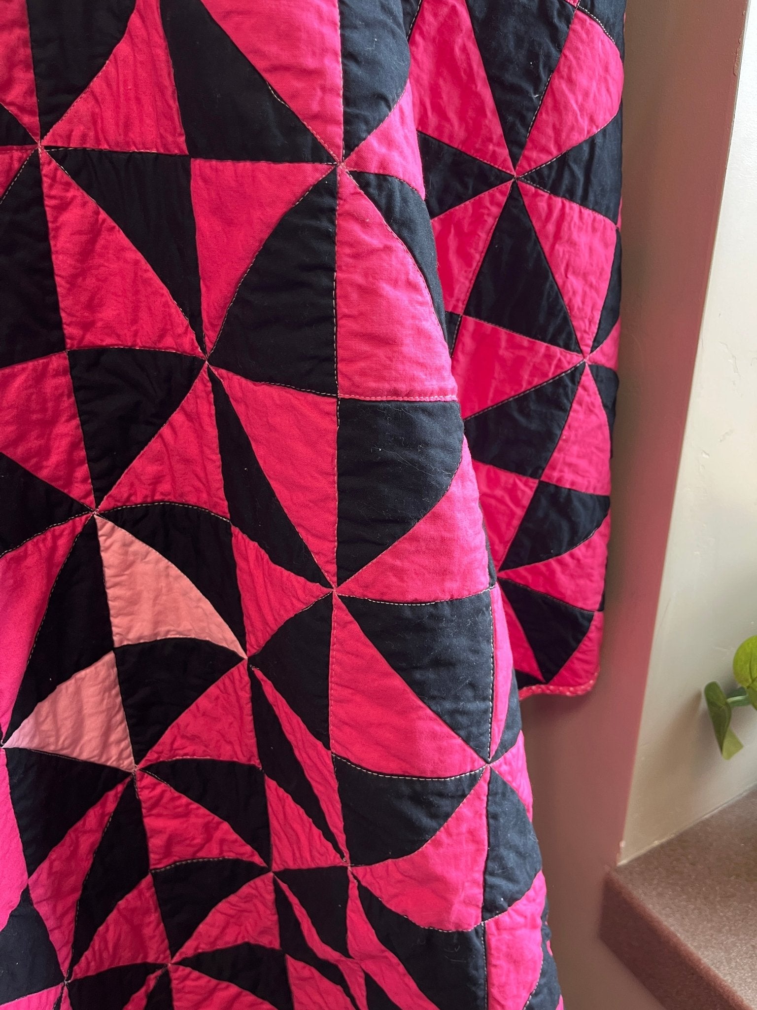 Pink and Black Time Flies Baby Quilt – Modern Triangle Patchwork - The QuilTea Corner