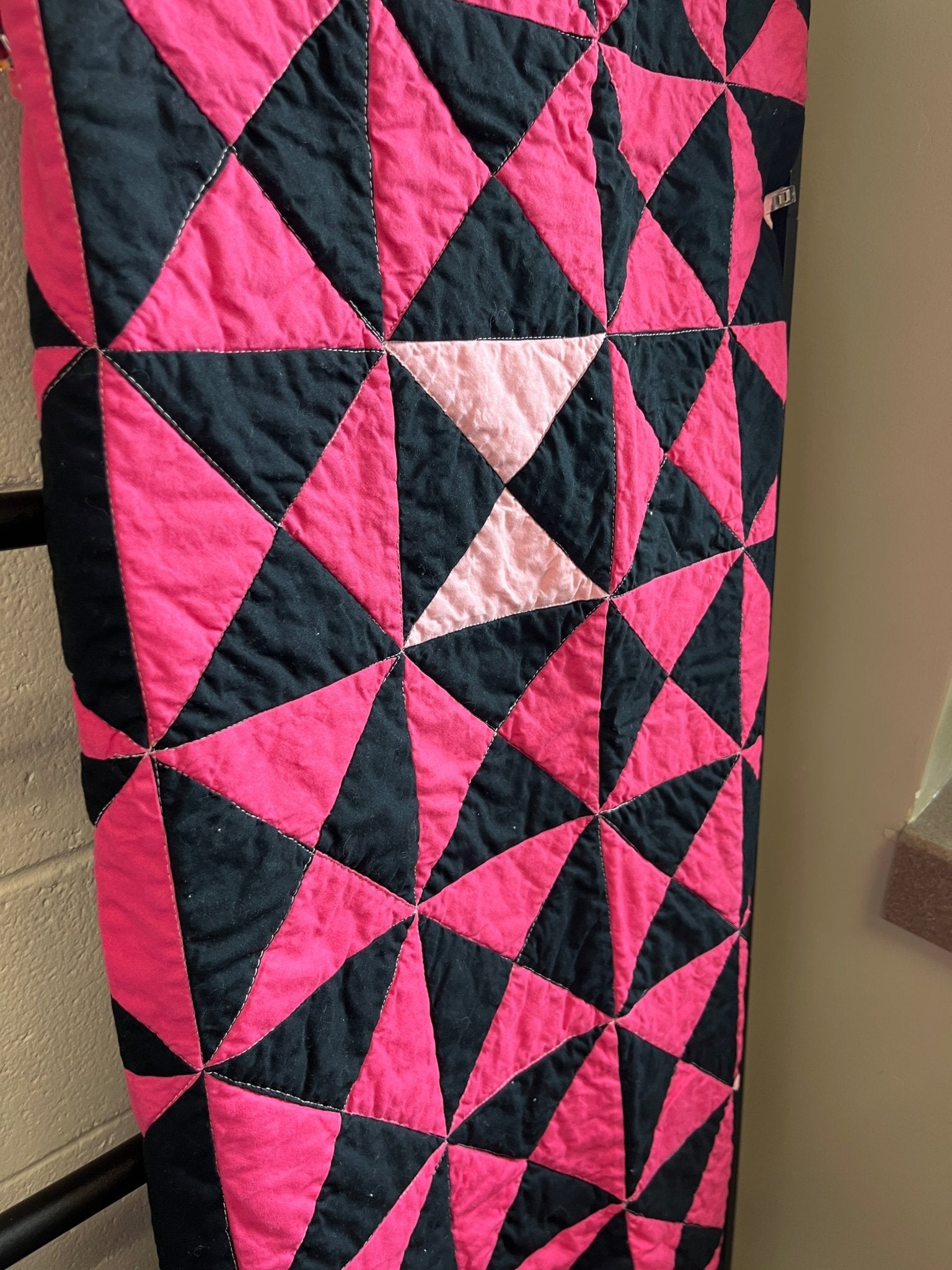 Pink and Black Time Flies Baby Quilt – Modern Triangle Patchwork - The QuilTea Corner