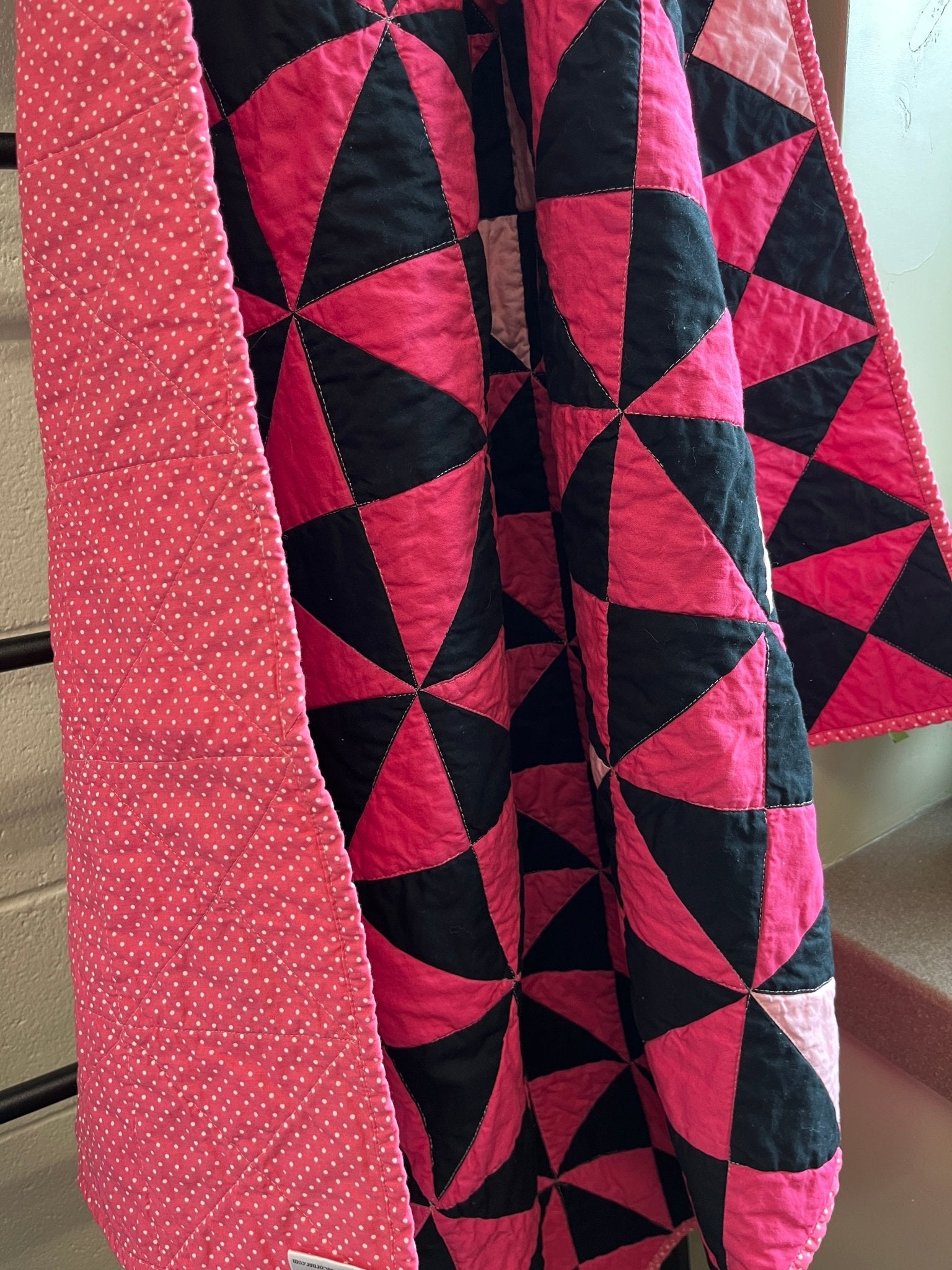 Pink and Black Time Flies Baby Quilt – Modern Triangle Patchwork - The QuilTea Corner